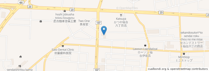 Mapa de ubicacion de 七十七銀行 六丁目支店 en اليابان, 宮城県, 仙台市, 若林区.