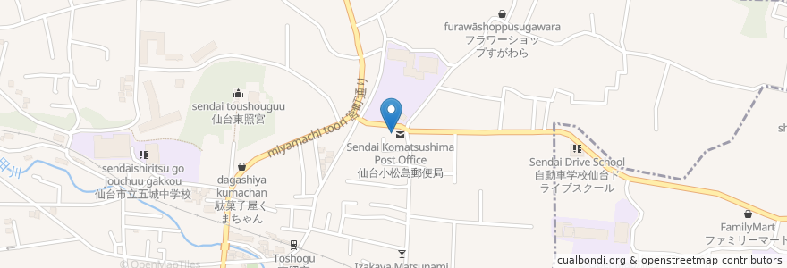 Mapa de ubicacion de 仙台小松島郵便局 en Japon, Préfecture De Miyagi, 仙台市, 青葉区.