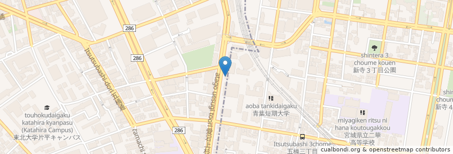 Mapa de ubicacion de 仙台五橋郵便局 en Japão, 宮城県, 仙台市, 青葉区.