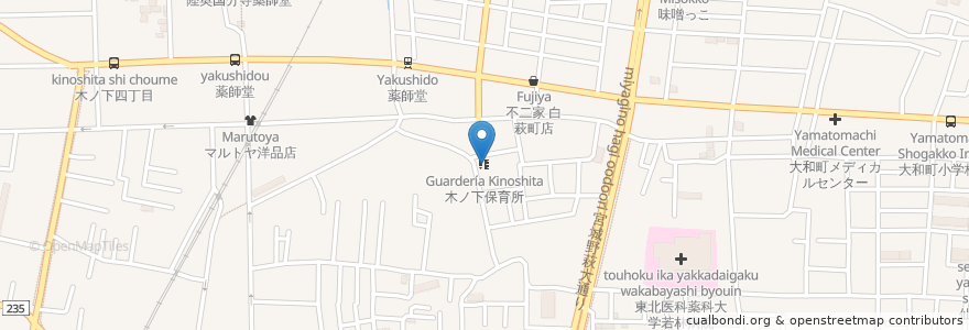 Mapa de ubicacion de 木ノ下保育所 en Japon, Préfecture De Miyagi, 仙台市, 若林区.