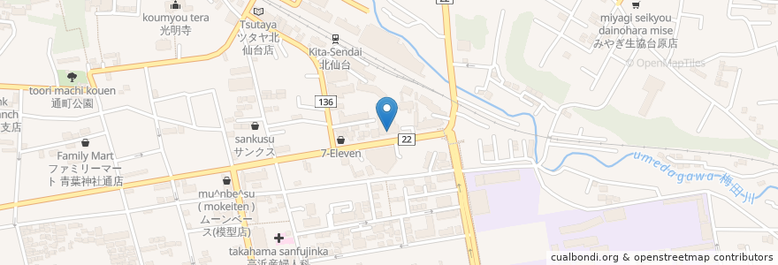 Mapa de ubicacion de コーヒークレオール en 日本, 宮城県, 仙台市, 青葉区.