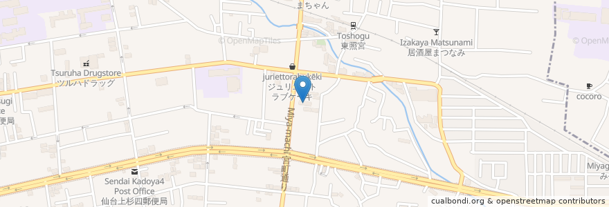 Mapa de ubicacion de 杜の都信用金庫 宮町支店 en اليابان, 宮城県, 仙台市, 青葉区.