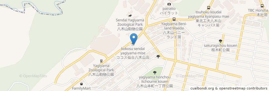 Mapa de ubicacion de ココス仙台八木山店 en اليابان, 宮城県, 仙台市, 太白区.