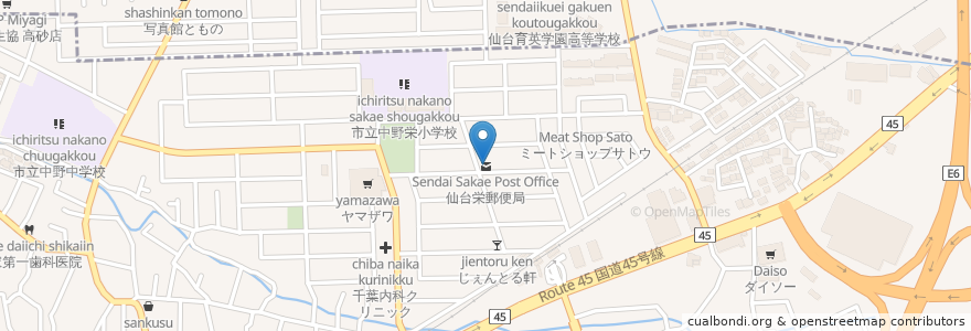 Mapa de ubicacion de Sendai Sakae Post Office en Japan, Miyagi Prefecture, Sendai, Miyagino Ward.