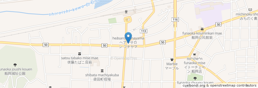 Mapa de ubicacion de 七十七銀行 船岡支店 en Japão, 宮城県, 柴田郡, 柴田町.