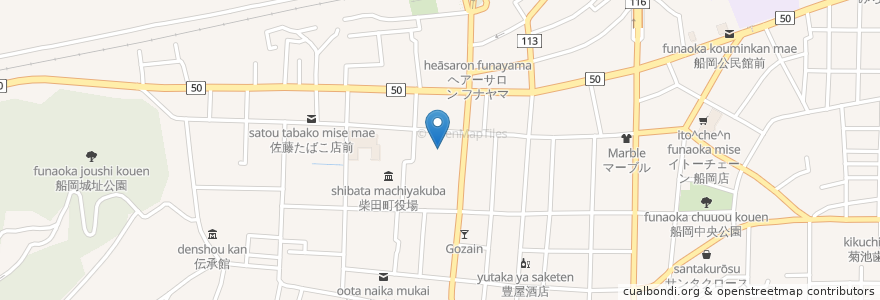 Mapa de ubicacion de 仙南信用金庫 船岡支店 en Jepun, 宮城県, 柴田郡, 柴田町.