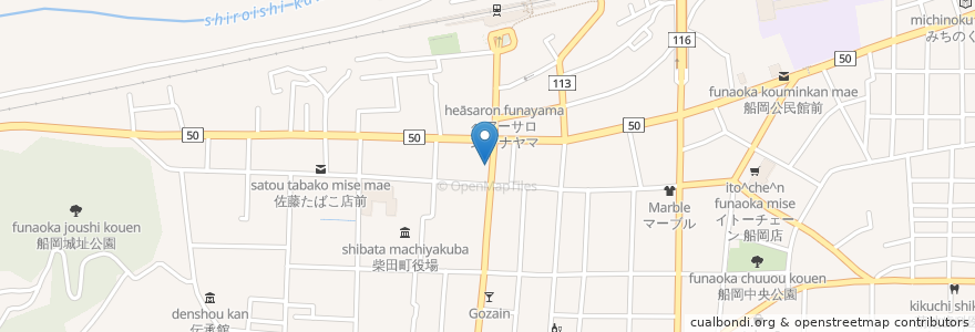 Mapa de ubicacion de 炭火焼肉桂 en Japan, Miyagi Prefecture, Shibata County, Shibara.