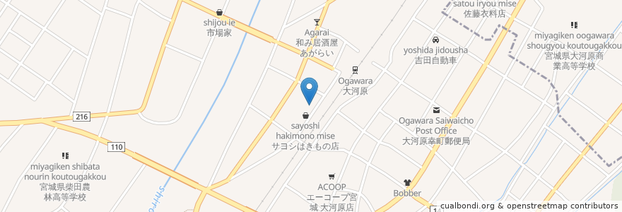 Mapa de ubicacion de 味工房容仙 en Japão, 宮城県, 柴田郡, 大河原町.