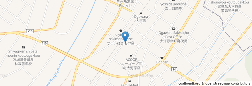 Mapa de ubicacion de ホルモン屋たまりば en 日本, 宫城县, 柴田郡, 大河原町.