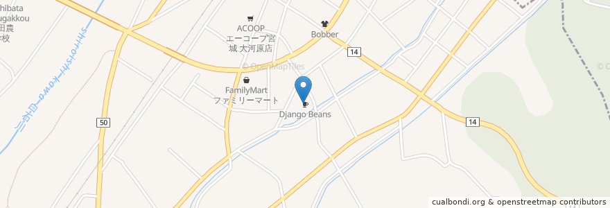 Mapa de ubicacion de Django Beans en 日本, 宫城县, 柴田郡, 大河原町.