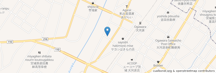 Mapa de ubicacion de 飲む所とんとん拍子 en 日本, 宮城県, 柴田郡, 大河原町.