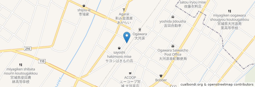 Mapa de ubicacion de くりぃむカフェ・キッチン en 日本, 宮城県, 柴田郡, 大河原町.