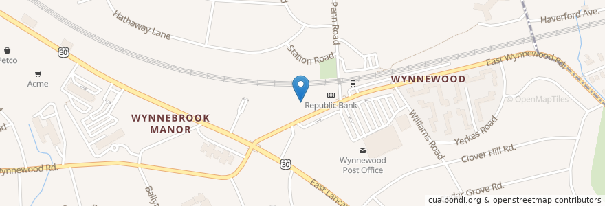 Mapa de ubicacion de Starbucks en 미국, 펜실베이니아, Montgomery County, Lower Merion Township.