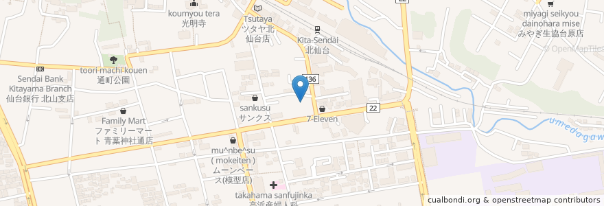 Mapa de ubicacion de 杜の都信用金庫 北仙台支店 en ژاپن, 宮城県, 仙台市, 青葉区.