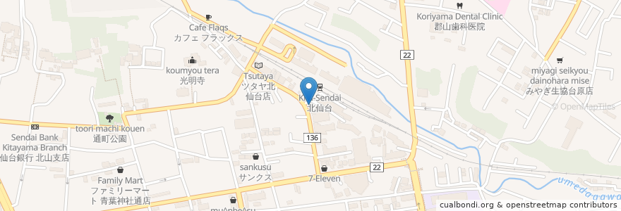 Mapa de ubicacion de 北仙台駅前郵便局 en Japan, Präfektur Miyagi, 仙台市, 青葉区.