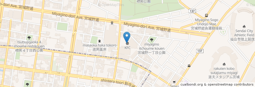 Mapa de ubicacion de KFC en Giappone, 宮城県, 仙台市, 若林区.