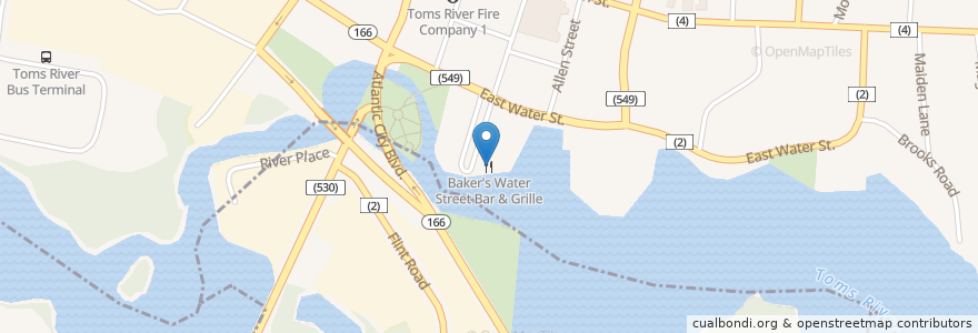 Mapa de ubicacion de Baker's Water Street Bar & Grille en Verenigde Staten, New Jersey, Ocean County, Toms River.