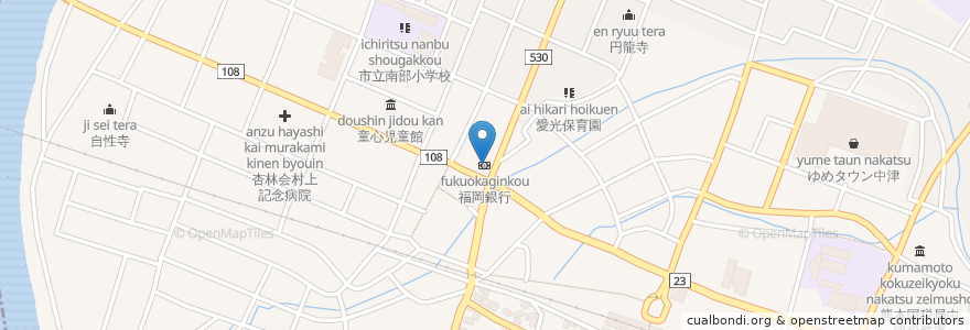 Mapa de ubicacion de 福岡銀行 en Japonya, 大分県, 中津市.
