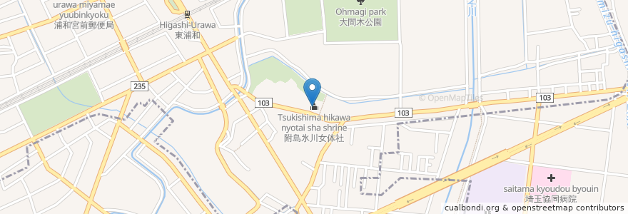 Mapa de ubicacion de Tsukishima hikawa nyotai sha shrine en Japan, Saitama Prefecture, Saitama, Midori Ward.