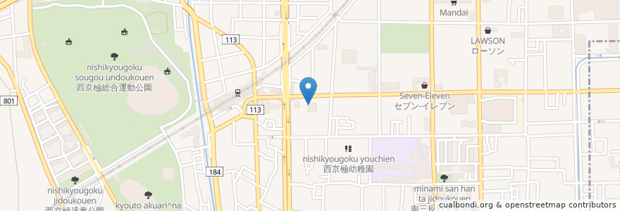 Mapa de ubicacion de 京都信用金庫 西京極支店 en Japon, Préfecture De Kyoto, 京都市, 右京区.