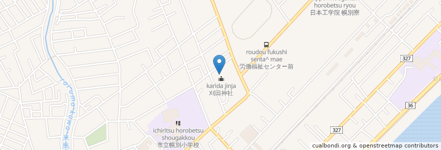 Mapa de ubicacion de 刈田神社 en 日本, 北海道, 膽振綜合振興局, 登別市.