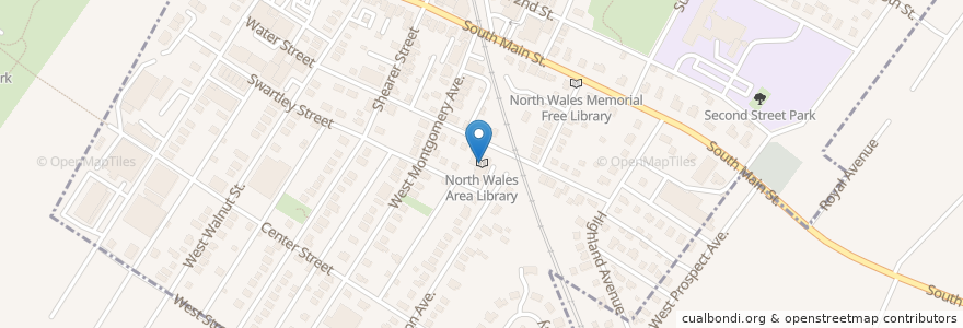 Mapa de ubicacion de North Wales Area Library en ایالات متحده آمریکا, پنسیلوانیا, Montgomery County, Upper Gwynedd Township, North Wales.