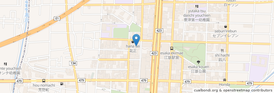 Mapa de ubicacion de 贔屓屋 en 日本, 大阪府, 吹田市.