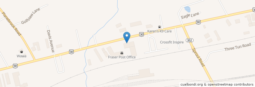 Mapa de ubicacion de Frazer Dental Care en アメリカ合衆国, ペンシルベニア州, Chester County, East Whiteland Township.