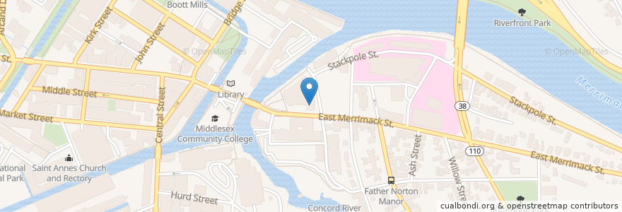 Mapa de ubicacion de Merrimack Repatory Theatre en Verenigde Staten, Massachusetts, Middlesex County, Lowell.