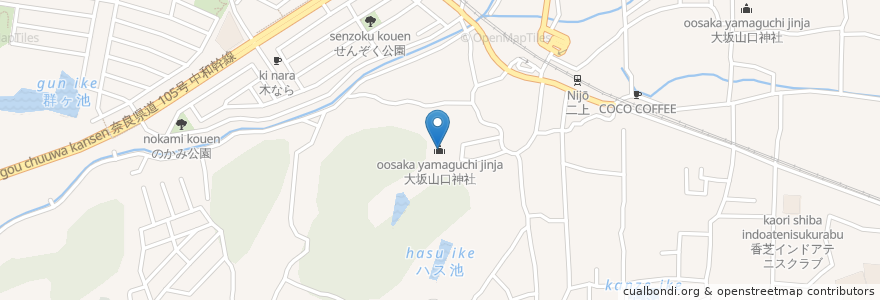 Mapa de ubicacion de 大坂山口神社 en 日本, 奈良県, 香芝市.