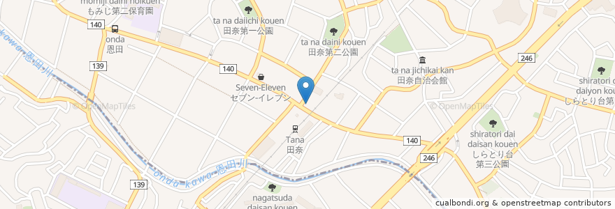 Mapa de ubicacion de 田奈整形外科・外科 en 일본, 가나가와현, 요코하마시, 緑区, 青葉区.