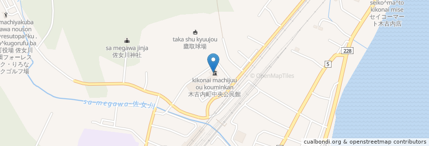 Mapa de ubicacion de 木古内町中央公民館 en Япония, Хоккайдо, Округ Осима, Уезд Камиисо, Киконай.