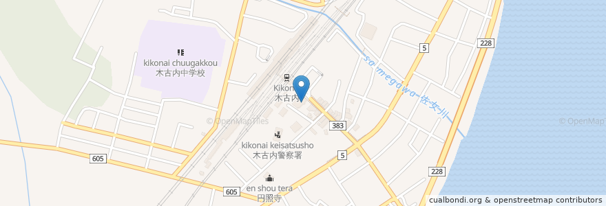 Mapa de ubicacion de 木古内郵便局 en Japón, Prefectura De Hokkaidō, 渡島総合振興局, 上磯郡, 木古内町.