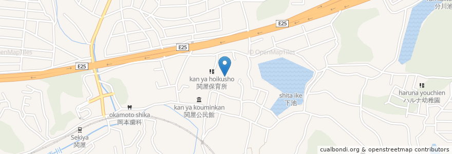 Mapa de ubicacion de 関屋八幡神社 en 日本, 奈良県, 香芝市.
