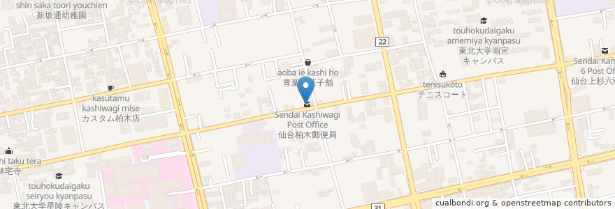 Mapa de ubicacion de 仙台柏木郵便局 en Japão, 宮城県, 仙台市, 青葉区.