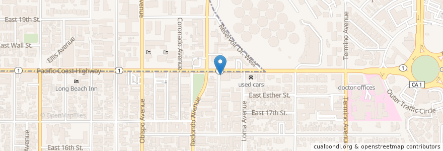 Mapa de ubicacion de AHF Pharmacy en Estados Unidos Da América, Califórnia, Los Angeles County, Long Beach.