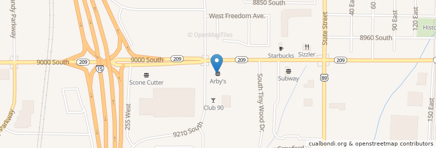 Mapa de ubicacion de Arby's en アメリカ合衆国, ユタ州, Salt Lake County, Sandy.