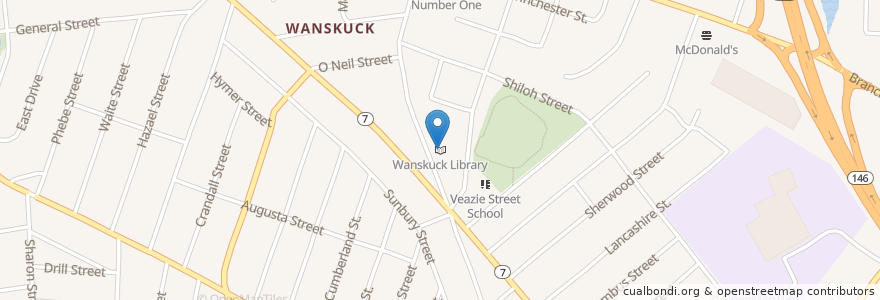 Mapa de ubicacion de Wanskuck Library en ایالات متحده آمریکا, Rhode Island, Providence County, Providence.