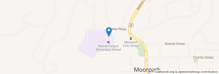 Mapa de ubicacion de Walnut Canyon Memorial Auditorium en Estados Unidos Da América, Califórnia, Ventura County, Moorpark.