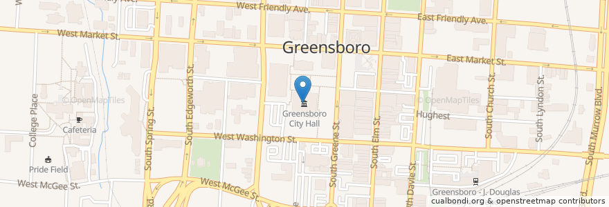 Mapa de ubicacion de Greensboro City Hall en アメリカ合衆国, ノースカロライナ州, Guilford County, Greensboro.