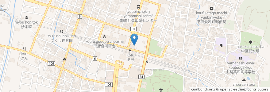 Mapa de ubicacion de 山梨中央銀行 en Japon, Préfecture De Yamanashi, Kofu.