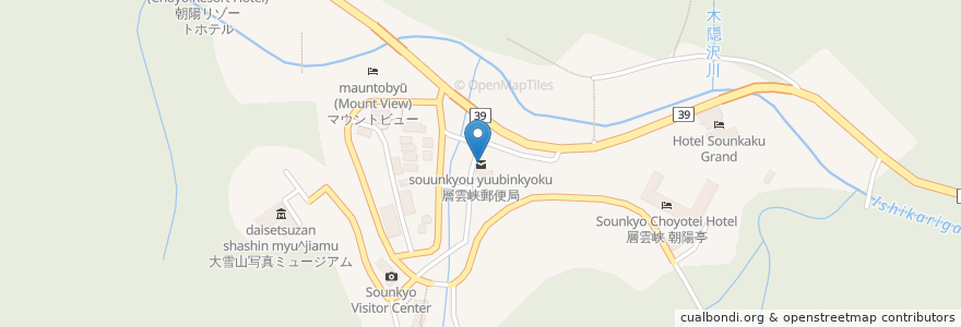 Mapa de ubicacion de 層雲峡郵便局 en Japan, 北海道, 上川総合振興局, 上川郡(石狩国), 上川町.