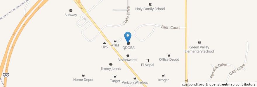 Mapa de ubicacion de Qdoba en United States, Indiana, Floyd County, New Albany.