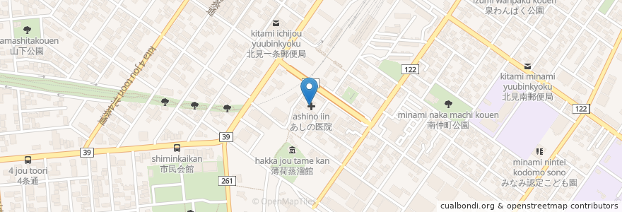 Mapa de ubicacion de あしの医院 en Jepun, 北海道, オホーツク総合振興局, 北見市.