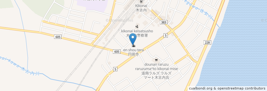 Mapa de ubicacion de 円照寺 en Japan, Präfektur Hokkaido, 渡島総合振興局, 上磯郡, 木古内町.