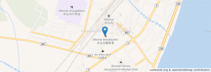 Mapa de ubicacion de 木古内警察署 en Giappone, Prefettura Di Hokkaidō, Sottoprefettura Di Oshima, 上磯郡, 木古内町.