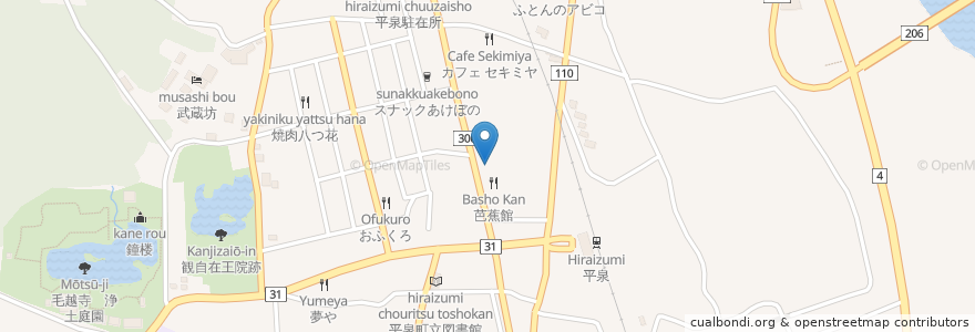Mapa de ubicacion de コウリャン en Jepun, 岩手県, 西磐井郡, 平泉町.