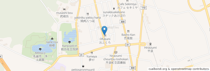 Mapa de ubicacion de おふくろ en Jepun, 岩手県, 西磐井郡, 平泉町.