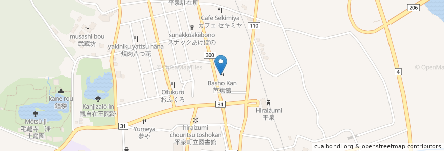 Mapa de ubicacion de 芭蕉館 en 日本, 岩手県, 西磐井郡, 平泉町.