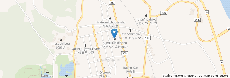 Mapa de ubicacion de スナックあけぼの en Japan, Iwate Prefecture, Nishiiwai County, Hiraizumi.